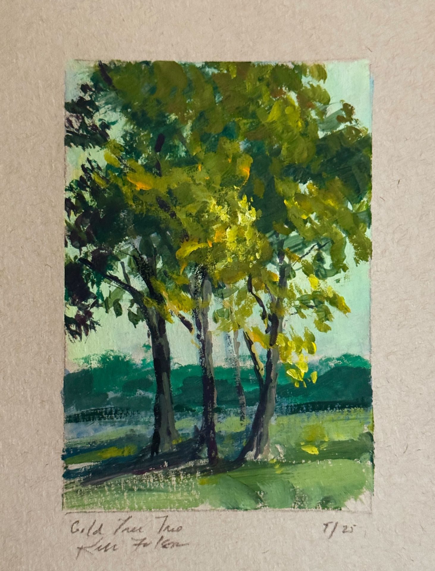 Gouache painting of three tall trees with golden-green leaves, sunlight filtering through the branches, and soft green shadows on the ground.