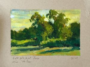 Gouache landscape painting of sunlit green trees glowing in golden light, with a vibrant meadow foreground and layered brushstrokes.