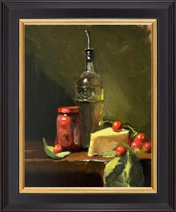 Still life oil painting of Italian cooking ingredients with a glass olive oil bottle, wedge of Parmesan cheese, jar of sun-dried tomatoes, and fresh cherry tomatoes with basil leaves on a wooden table.