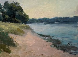 Oil painting of a peaceful shoreline at low tide, featuring sandy beach, calm blue water, and lush green trees under a soft sky.