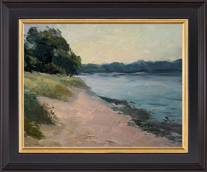 Oil painting of a peaceful shoreline at low tide, featuring sandy beach, calm blue water, and lush green trees under a soft sky.