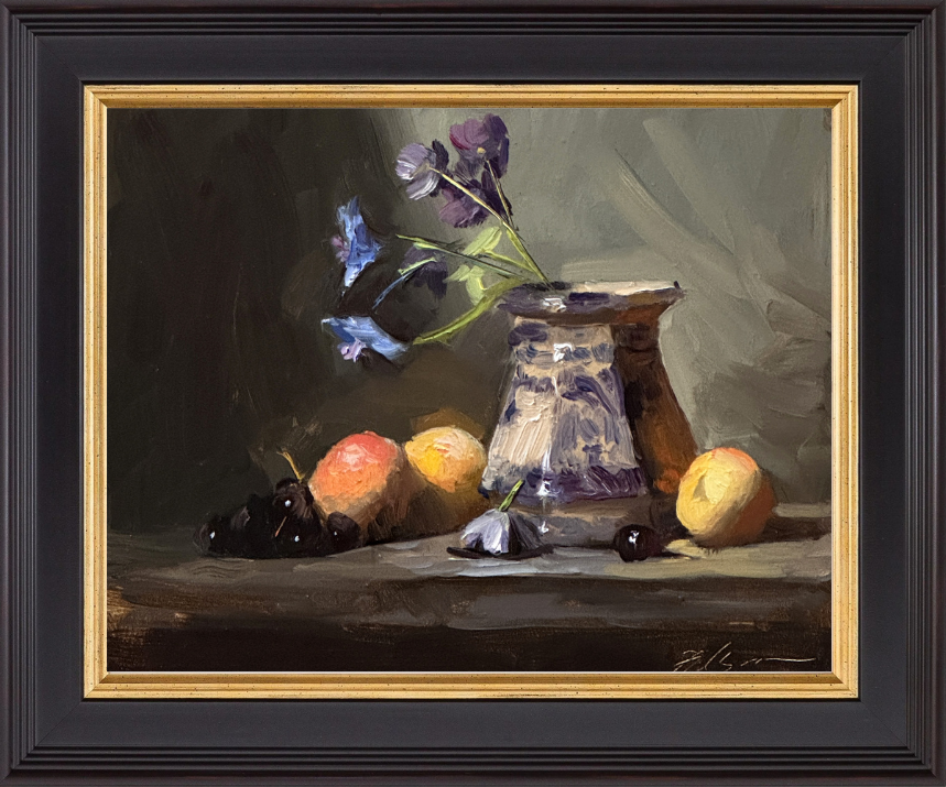 Oil painting of a still life featuring a sugar jar and ripe peaches on a tabletop, 8x10 inches on panel, classical realism style.