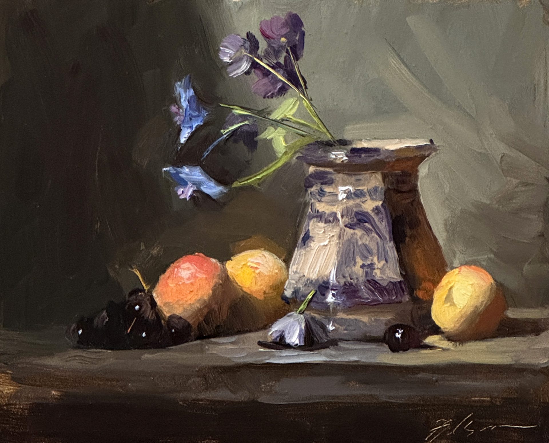 Oil painting of a still life featuring a sugar jar and ripe peaches on a tabletop, 8x10 inches on panel, classical realism style.