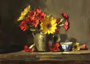 Floral still life oil painting of a sunflower and red blossoms in a glass vase beside a delicate blue and white teacup, traditional impressionist-style bouquet artwork.