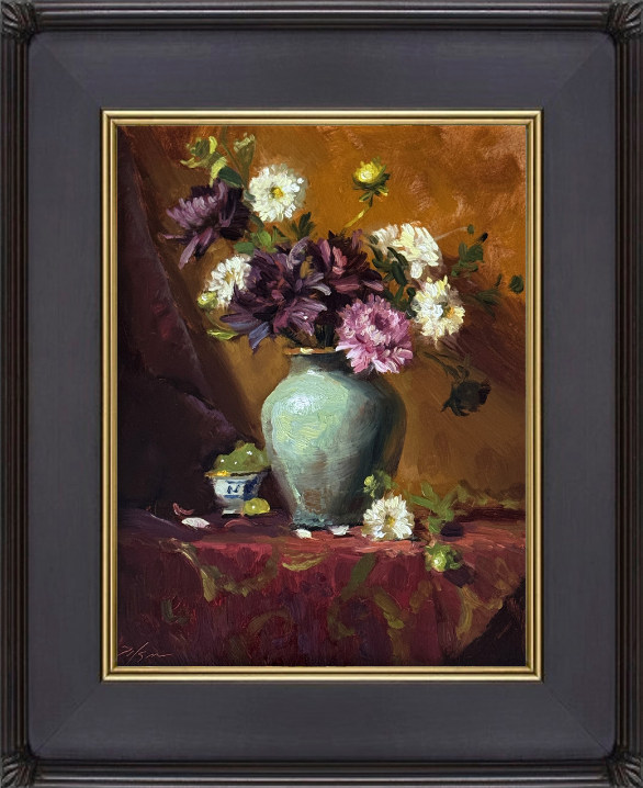 Alt text: Still life oil painting of dahlias in a vase with purple, pink, and white flowers, set against a warm golden background with a draped red cloth.