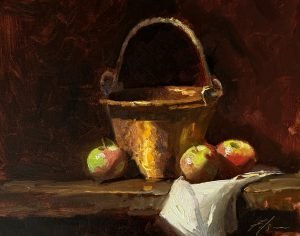 Apple Butter Memories, 8x10 oil still life painting by Kelli Folsom, featuring copper pot, red and green apples, and white napkin on warm red background, nostalgic kitchen scene.