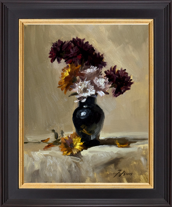 Autumn Elegance: Mums in Ivory, 10x8 oil still life painting by Kelli Folsom, featuring burgundy, orange, and white mums in black vase against ivory background, feminine and elegant high-key composition.
