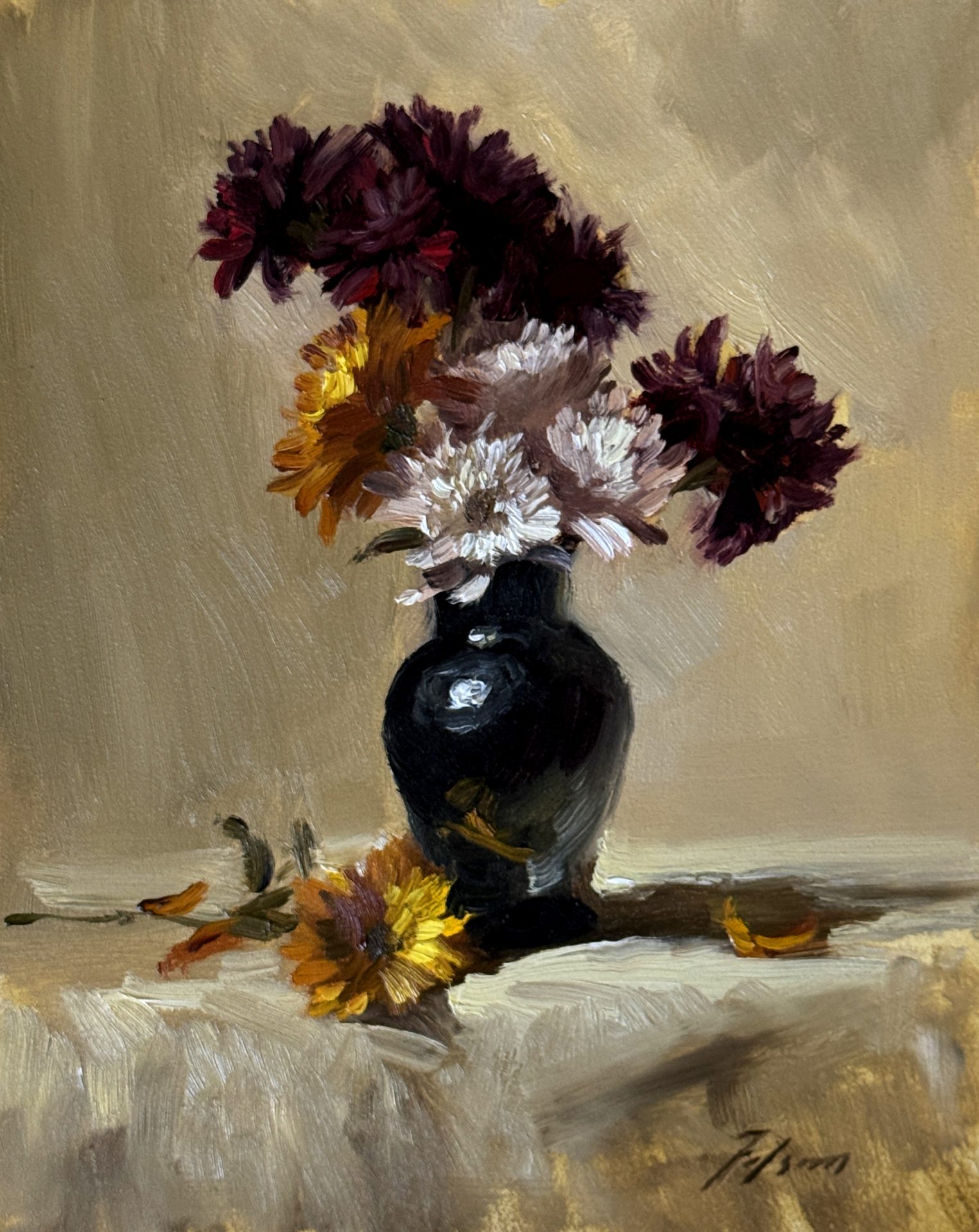 Autumn Elegance: Mums in Ivory, 10x8 oil still life painting by Kelli Folsom, featuring burgundy, orange, and white mums in black vase against ivory background, feminine and elegant high-key composition.