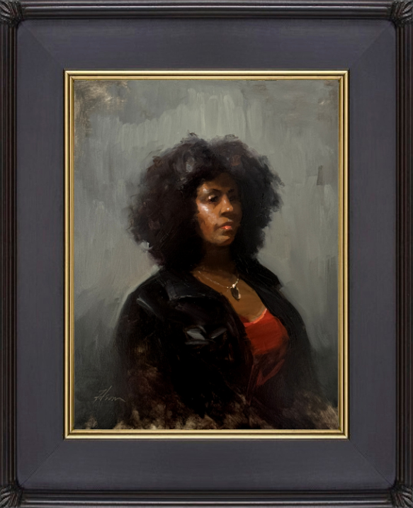 Contemplative Reflections in Red and Black, oil portrait painting by Kelli Folsom, depicting a Black woman with natural hair, wearing a red shirt and black jacket, gazing thoughtfully against a gray background.