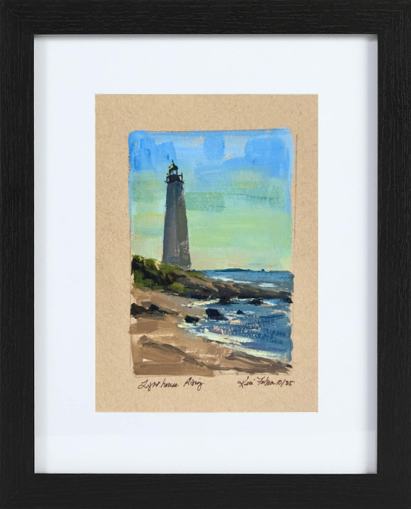 Lighthouse Rising, gouache plein air lighthouse painting by Kelli Folsom, depicting a vertical coastal scene with sunlit rocks, water, and a lighthouse tower reaching into a bright midday sky.