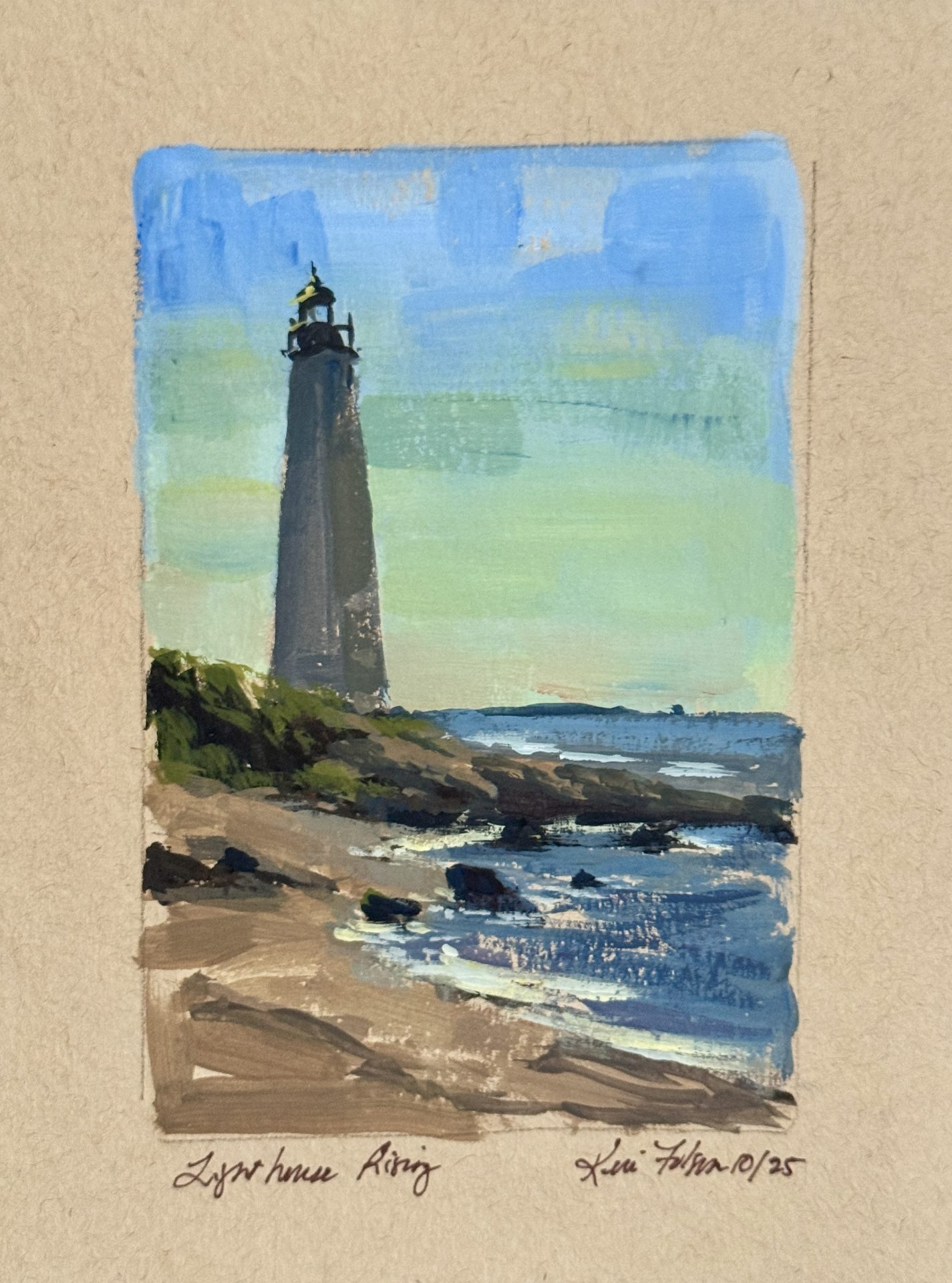 Lighthouse Rising, gouache plein air lighthouse painting by Kelli Folsom, depicting a vertical coastal scene with sunlit rocks, water, and a lighthouse tower reaching into a bright midday sky.