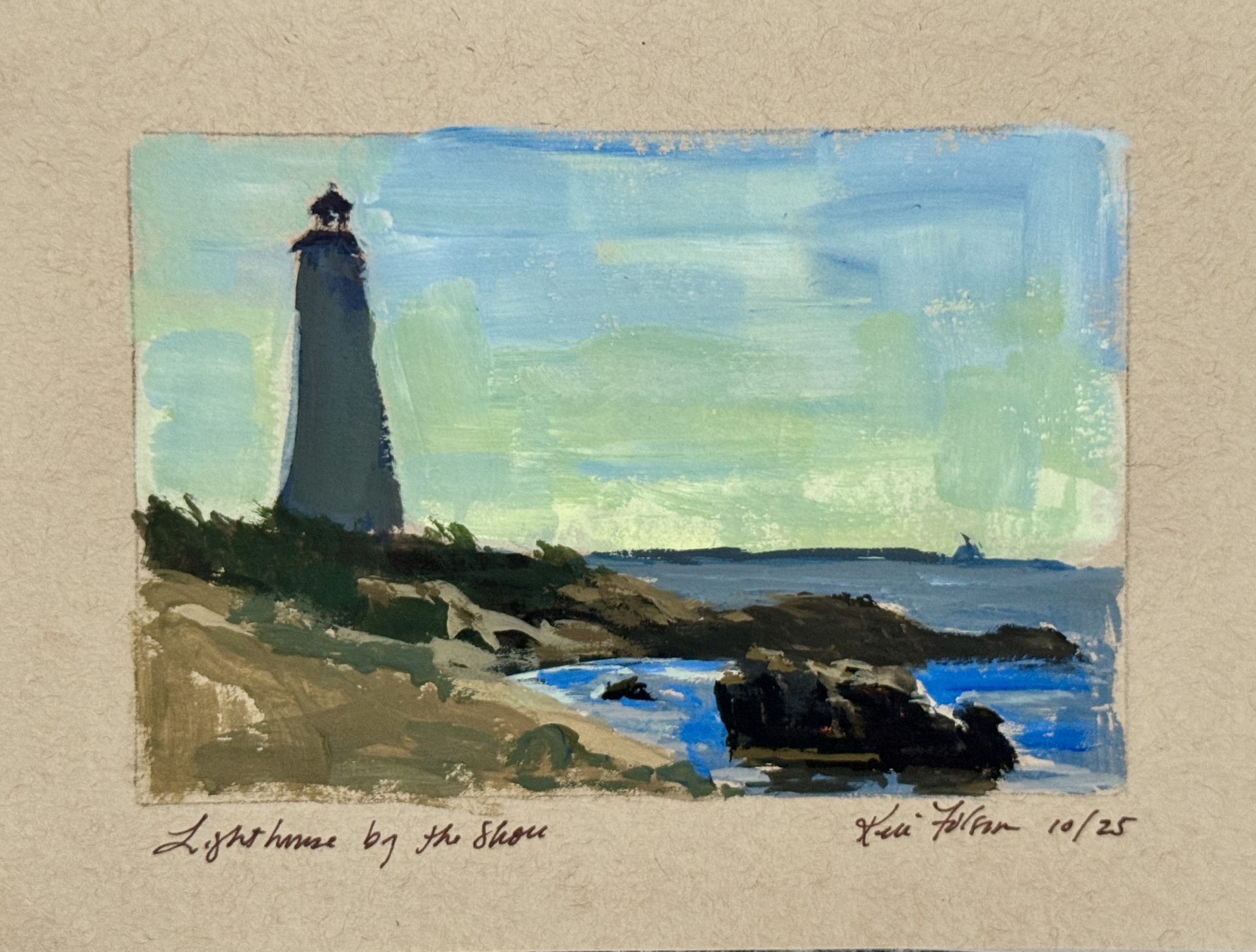 Lighthouse by the Shore, horizontal gouache plein air lighthouse painting by Kelli Folsom, showing a rocky coastline, sparkling water, and a sunlit lighthouse under a clear midday sky.