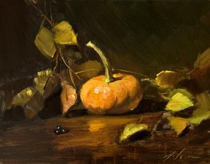 Mini Pumpkin in Fall Glow, 8x10 oil still life painting by Kelli Folsom, featuring orange pumpkin with curly stem, fall leaves, and berries against dark background.