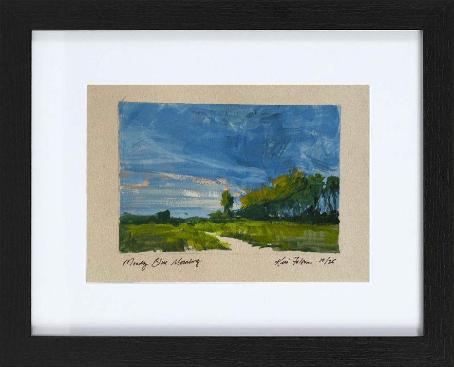 Moody Blue Morning, gouache plein air forest landscape painting by Kelli Folsom, capturing a morning path through green trees beneath a deep moody blue sky with soft natural light.