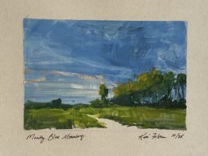 Moody Blue Morning, gouache plein air forest landscape painting by Kelli Folsom, capturing a morning path through green trees beneath a deep moody blue sky with soft natural light.