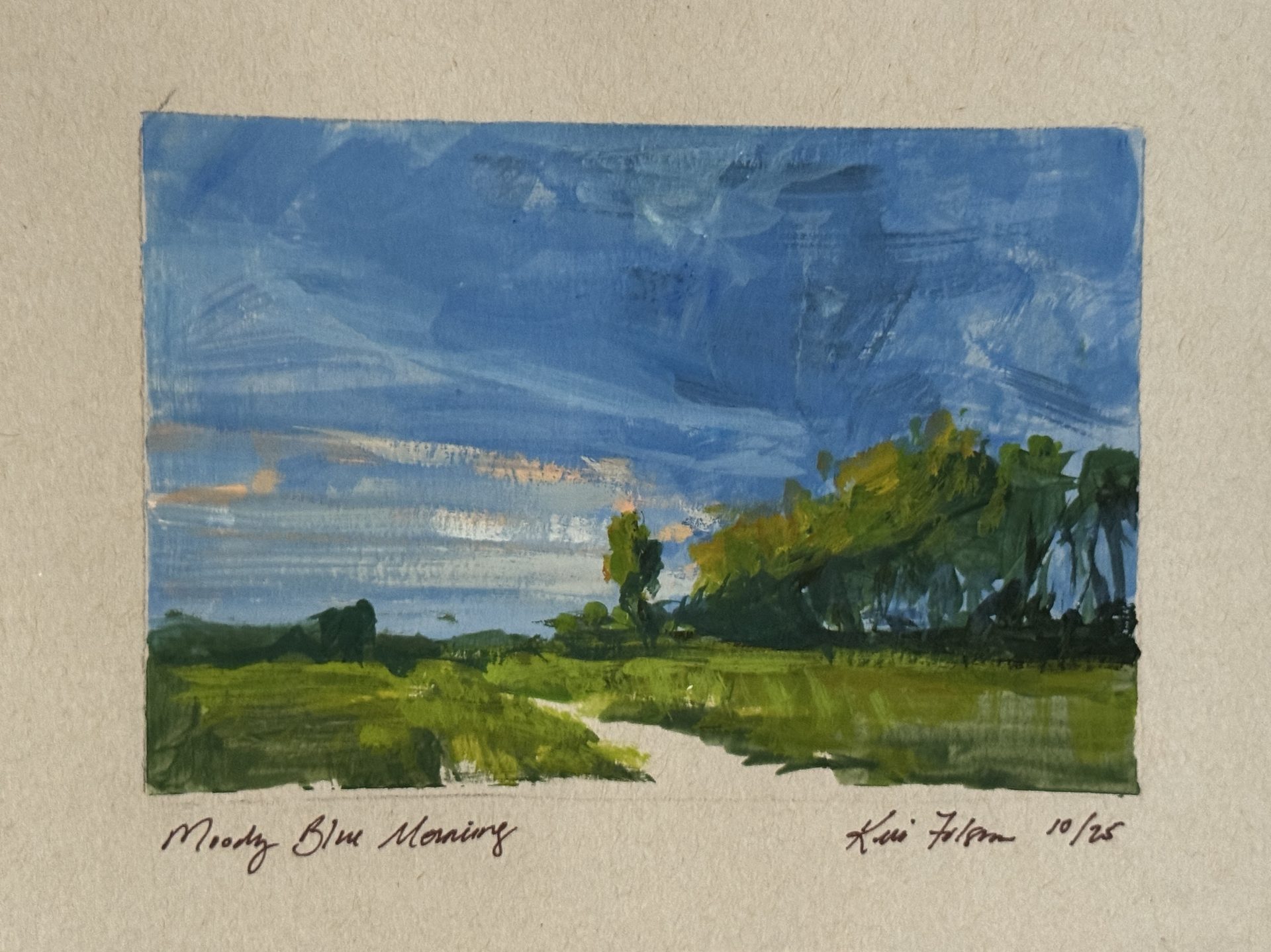 Moody Blue Morning, gouache plein air forest landscape painting by Kelli Folsom, capturing a morning path through green trees beneath a deep moody blue sky with soft natural light.