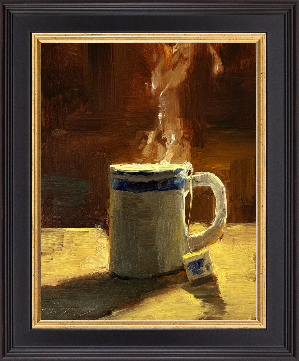 Simple Pleasures: Tea in Light, 8x6 oil still life painting by Kelli Folsom, featuring steaming cup of tea backlit against dark background on kitchen counter.