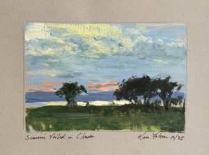 Sunrise Veiled in Clouds, gouache plein air painting by Kelli Folsom, capturing the soft golden light of a sunrise breaking through overcast clouds over a coastal landscape.
