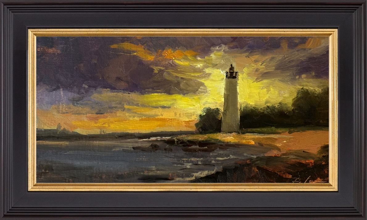 Sunset Lighthouse Panorama, 6x12 oil painting by Kelli Folsom, featuring lighthouse and dramatic sunset sky in rich purples, golds, and earthy tones with chiaroscuro light and shadow.