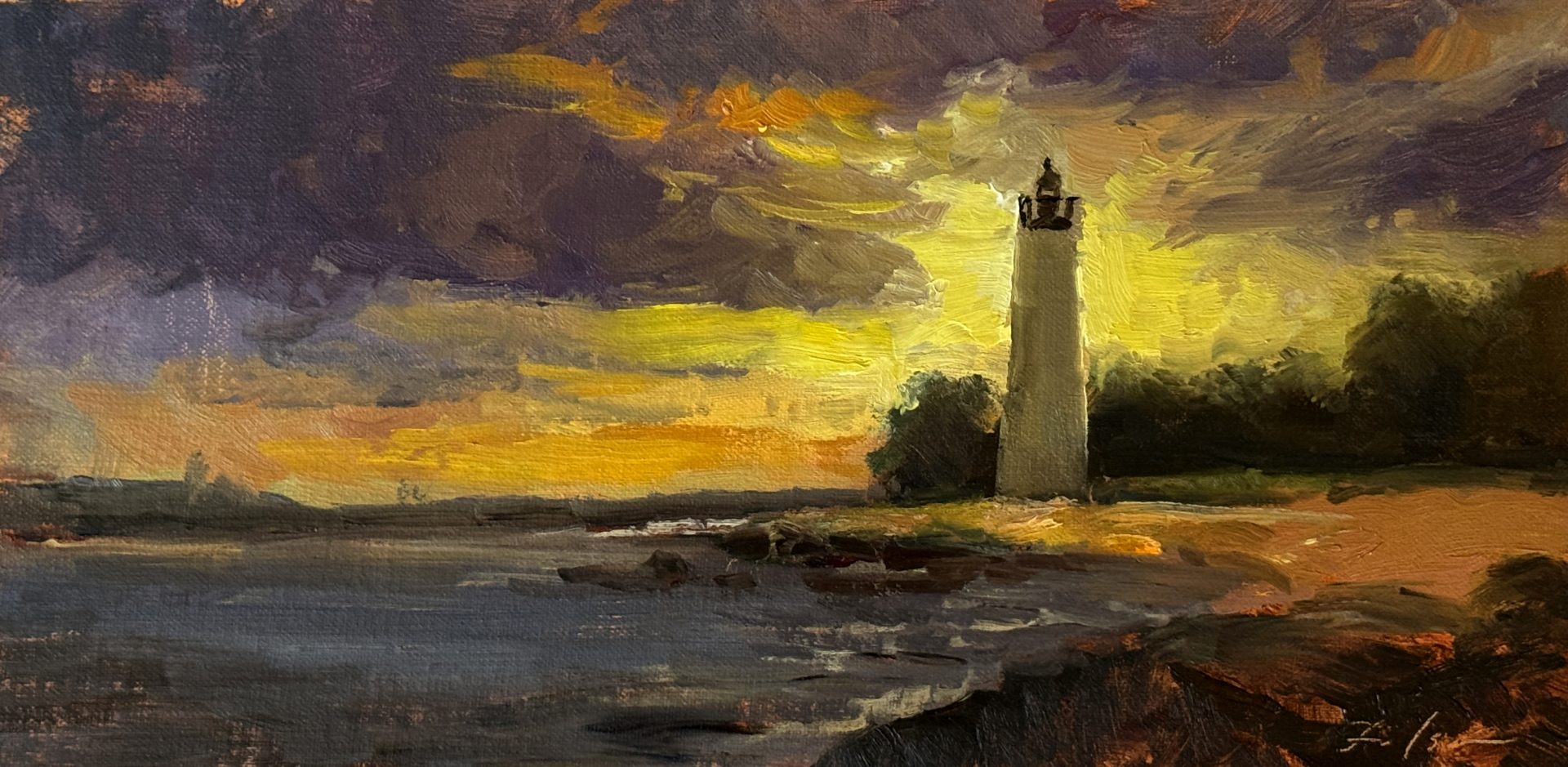 Sunset Lighthouse Panorama, 6x12 oil painting by Kelli Folsom, featuring lighthouse and dramatic sunset sky in rich purples, golds, and earthy tones with chiaroscuro light and shadow.