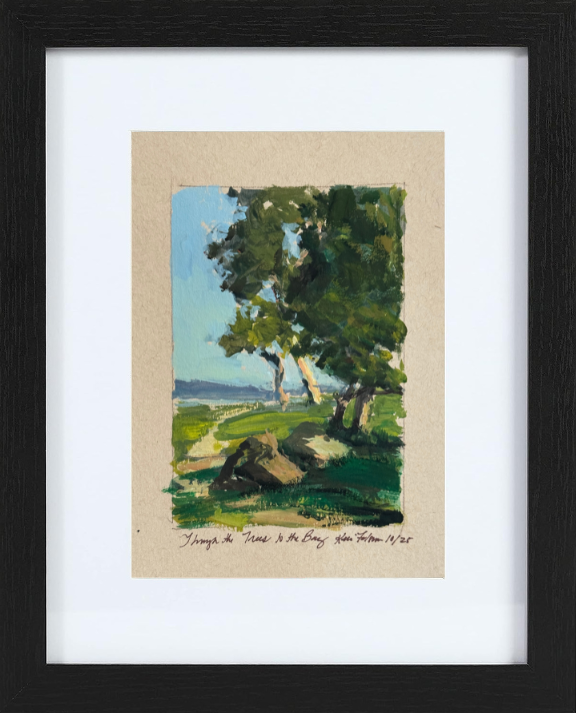 Through the Trees to the Bay, gouache plein air landscape painting by Kelli Folsom, showing a sunlit forest path leading to a distant bay with dappled light and vibrant green trees.