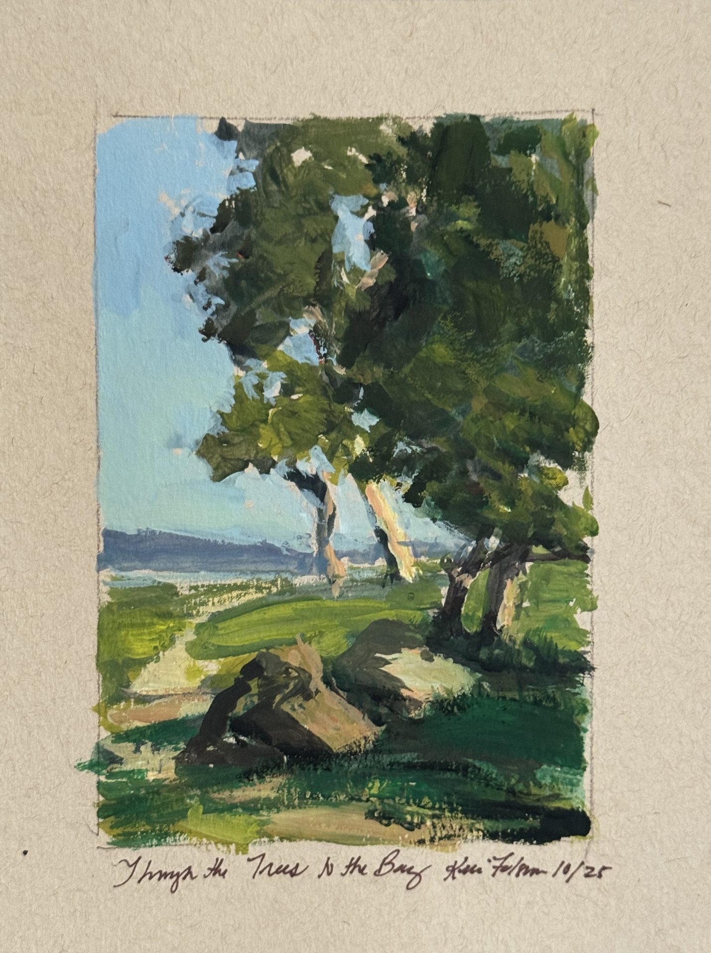 Through the Trees to the Bay, gouache plein air landscape painting by Kelli Folsom, showing a sunlit forest path leading to a distant bay with dappled light and vibrant green trees.