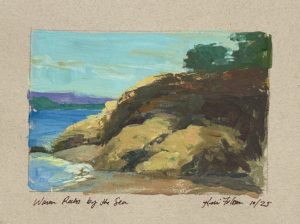 Warm Rocks by the Sea, gouache plein air coastal landscape painting by Kelli Folsom, featuring large sunlit rocks along the shore with vibrant color and glimpses of water and sky.
