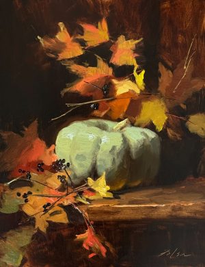 Still life oil painting featuring a pale green pumpkin surrounded by golden and crimson autumn leaves on a rustic wooden ledge, illuminated by soft warm light — artwork titled ‘Whisper of Autumn,’ 14x11, Oil on Panel by Kelli Folsom.