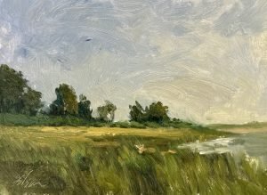 Windswept Light over the Marsh, oil plein air landscape painting by Kelli Folsom, featuring golden marsh grasses under blue sky with windswept clouds and sunlight.