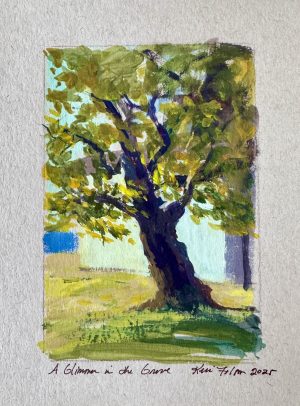Gouache landscape of a sunlit tree in a quiet grove, with warm green leaves glowing against a soft blue sky and dappled light on the grass