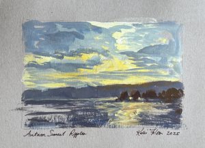 Gouache painting of an autumn sunset reflecting golden light across rippling lake water, with dramatic blue and yellow clouds over a distant treeline.