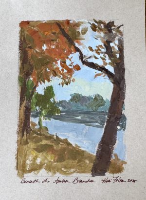 Gouache fall landscape viewed from beneath amber-colored branches, looking out over a lake with distant tree line and soft sky.