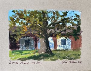 Gouache painting of a large tree in front of rustic buildings, with sunlight filtering through branches against a bright sky.