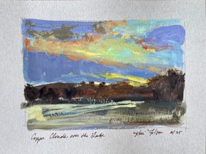 Gouache painting of dramatic copper and orange sunset clouds over a lake, with contrasting blue sky and dark shoreline.