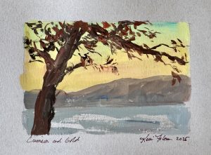 Gouache landscape of a tree with crimson and gold autumn leaves overlooking a calm lake at sunset with glowing yellow sky.