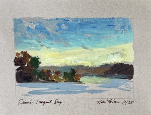 Gouache painting of a tranquil sunrise over a quiet lake, featuring soft pastel skies transitioning from yellow to blue above distant trees.
