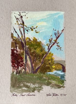 Gouache landscape showing the final leaves of autumn on slender trees beside a river, with warm fall colors and a serene sky.