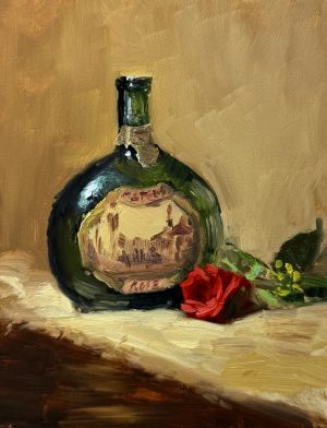 Oil painting of a green glass Mateus wine bottle with vintage label, paired with a single red rose resting on a cream cloth against a warm beige backdrop.