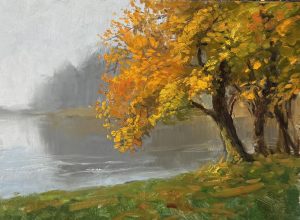 Oil painting of autumn trees beside a misty lake, with golden and orange leaves contrasted against soft gray fog and reflective water.