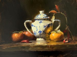 Still life oil painting of a blue-and-white porcelain sugar jar surrounded by bright orange persimmons and scattered leaves on a dark, moody background.