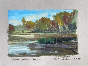 Gouache painting of a peaceful autumn cove featuring golden and red fall foliage reflected in calm water under a soft blue sky.