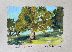 Gouache landscape painting of a sunlit oak tree on a grassy hillside, with dappled light filtering through green leaves under a bright blue sky.