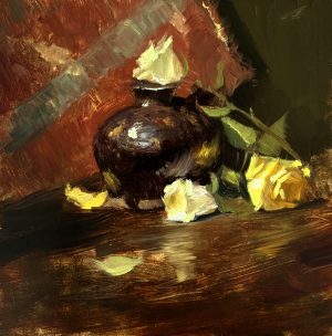 Oil painting still life of a dark earthenware jug surrounded by yellow and white rose petals on a rustic wooden surface, with rich brown and red textured background.