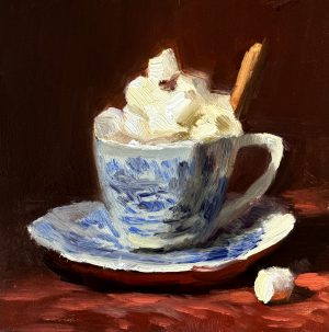 Oil painting of a blue and white porcelain teacup filled with whipped cream and a cinnamon stick, resting on a matching saucer with marshmallows.