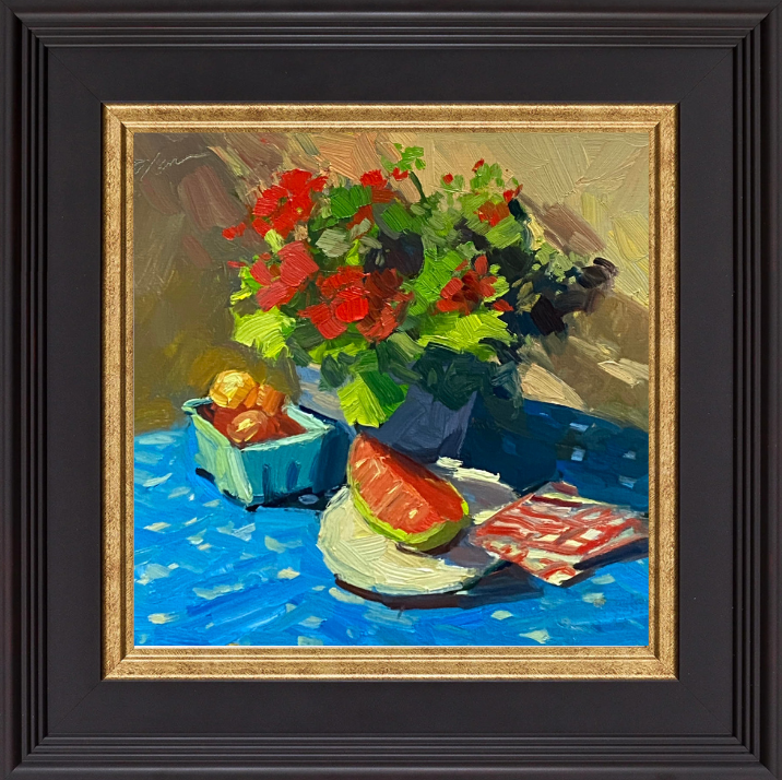 Immerse yourself in the vibrant charm of a 10x10 inch still life oil painting by Kelli Folsom, featuring blooming geraniums alongside juicy watermelon slices on a blue tablecloth. Painted in Folsom's signature loose style, this artwork captures the vivid colors and dynamic composition with expressive brushstrokes. The lively scene brings a touch of summer freshness and warmth to any space, celebrating the beauty of everyday moments.