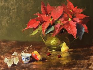 Oil painting of vibrant red poinsettias in a green vase with pears, apples, cranberries, and a blue-and-white teacup on a rustic wooden table.