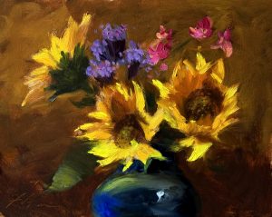 Oil painting of bright yellow sunflowers with small purple and pink flowers in a loose, expressive still life style against a warm brown background.