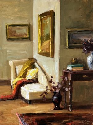 A photo of an original alla prima oil painting by artist Kelli Folsom of an interior in the style of William Merrit Chase of an artist's studio featuring artwork on the walls and lush fabrics and decor.