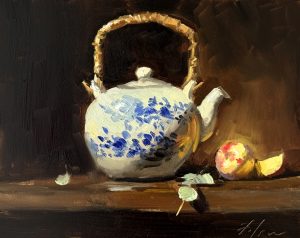 Original oil painting of a blue and white Chinese porcelain teapot with a woven handle, paired with a peach on a dark moody background, painted in an impressionistic still life style.