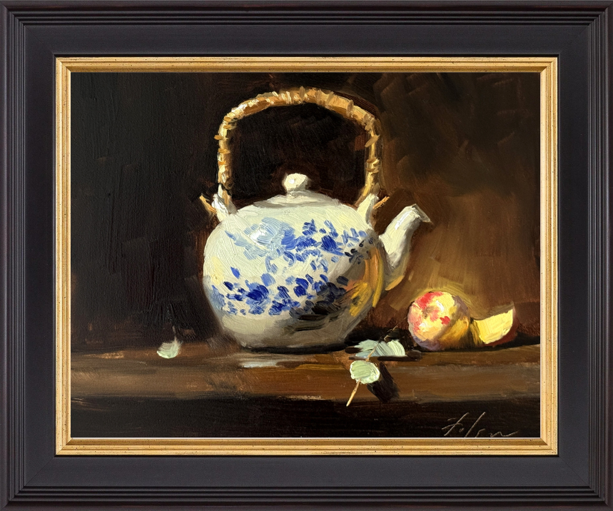 Original oil painting of a blue and white Chinese porcelain teapot with a woven handle, paired with a peach on a dark moody background, painted in an impressionistic still life style.